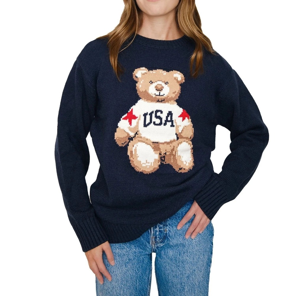 Mighty Fine Sweater Women XS Navy Blue USA Teddy‎ Bear Patriotic Knit Pullover